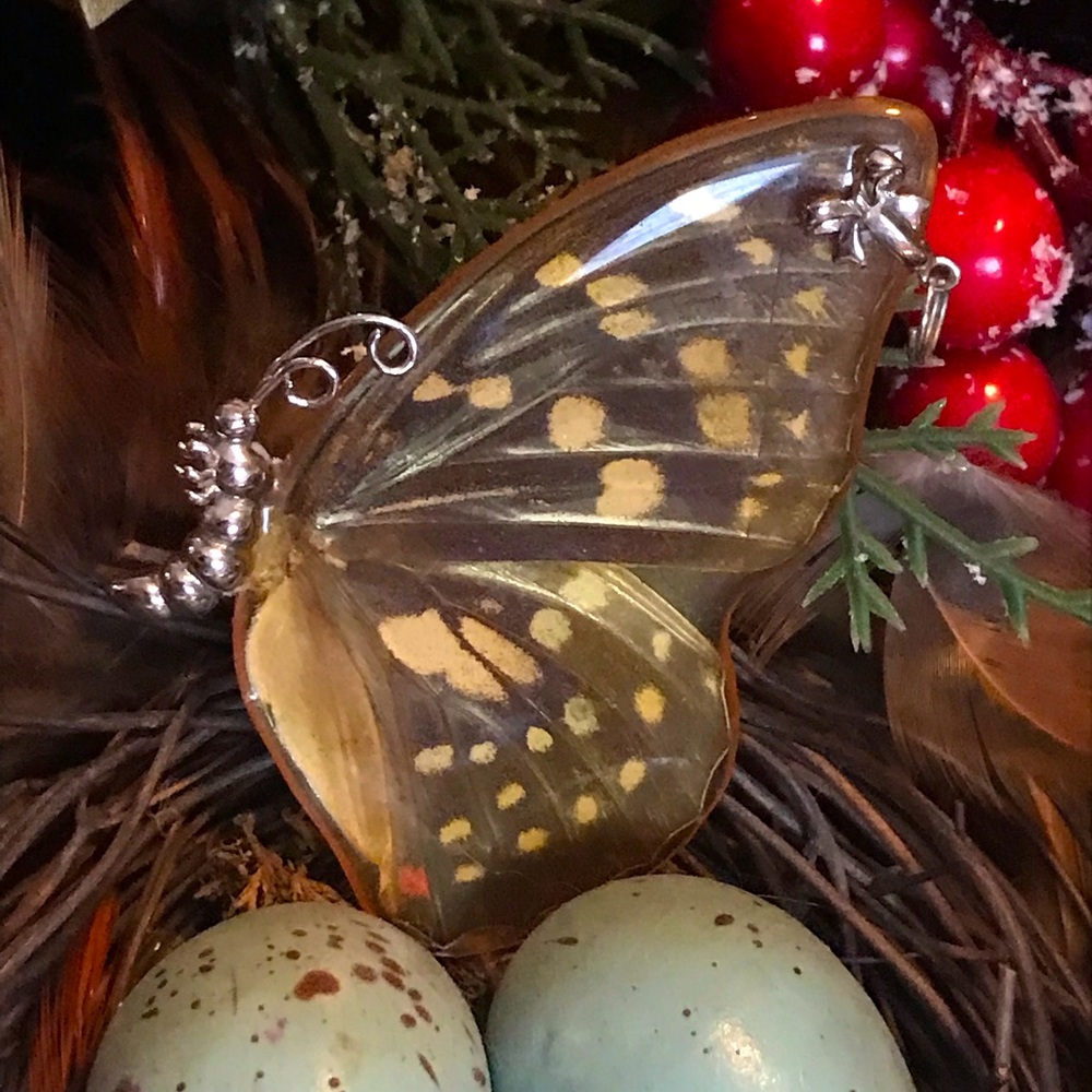 Sterling Silver Butterfly Wing incased in Resin Pendant (7 cm Total Length)